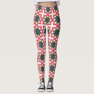 Pink Blue Floral Lattice Geometric Pattern Leggings