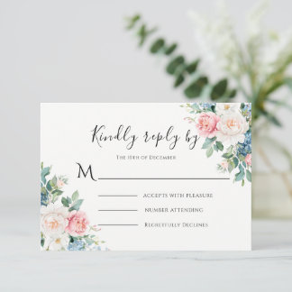 Pink & Blue Floral Modern Wedding RSVP Card