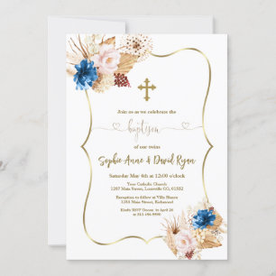 Pink Blue Floral Pampas Grass Calligraphy Baptism Invitation