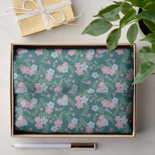 Pink & Blue Floral Pattern on Teal – Modern Tissue Paper (Gift)