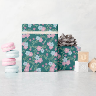 Pink & Blue Floral Pattern on Teal – Modern Wrapping Paper