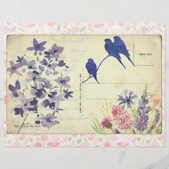 Pink & Blue Floral Postcard Scrapbook Paper (Front)