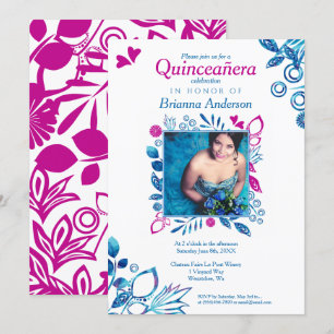 Pink & Blue Floral Quinceañera Invitation