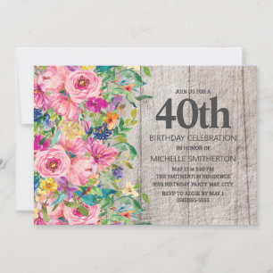 Pink Blue Floral Rustic Wood 40th Birthday Party Invitation