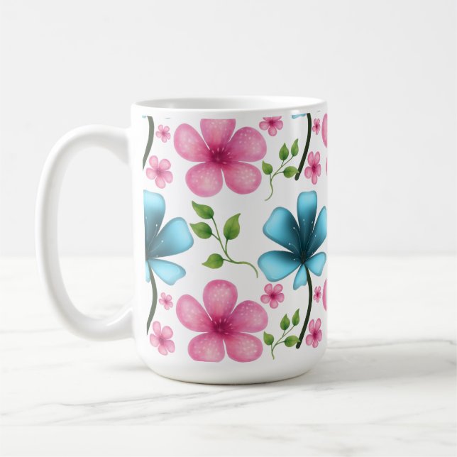Pink & Blue Floral Seamless Pattern Coffee Mug (Left)