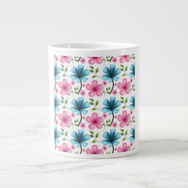 Pink & Blue Floral Seamless Pattern Large Coffee Mug (Front)