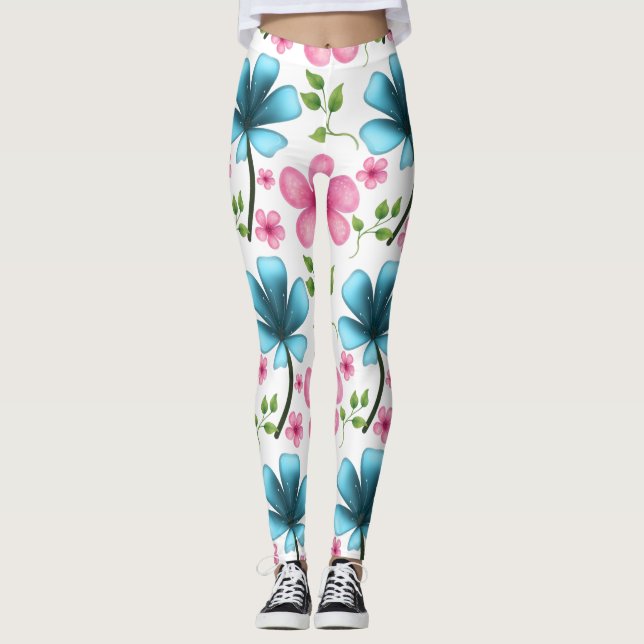 Pink & Blue Floral Seamless Pattern Leggings (Front)