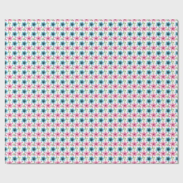 Pink & Blue Floral Seamless Pattern Wrapping Paper (Flat)