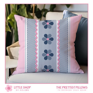 Pink Blue Floral Stripes Cushion