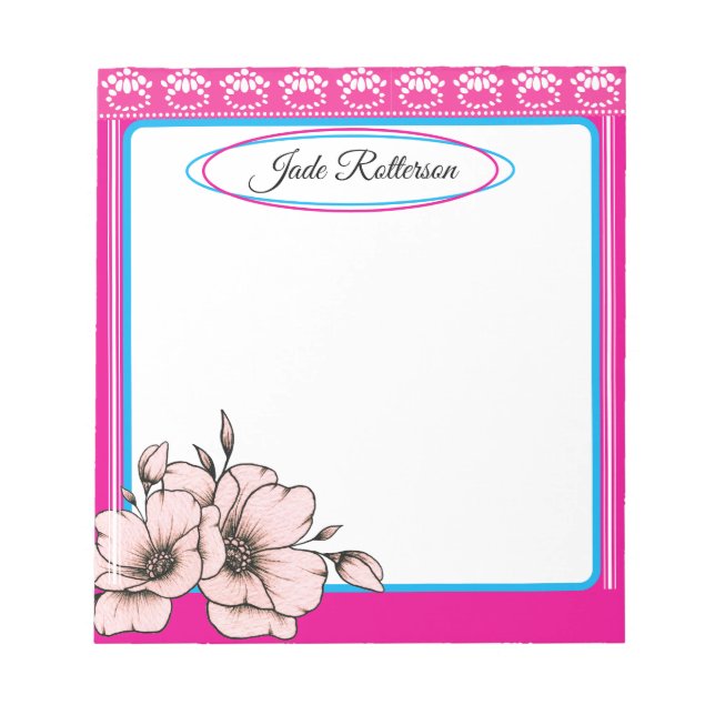 Pink & Blue Floral Stylish Feminine Girly Name  Notepad (Front)