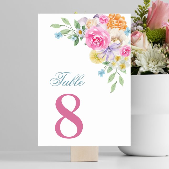 Pink & Blue Floral Summer Bloom Table 8 Wedding Table Number (Creator Uploaded)