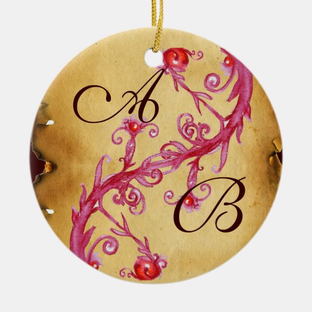 PINK BLUE FLORAL SWIRL WEDDING SOUVENIR MONOGRAM CERAMIC ORNAMENT (Front)