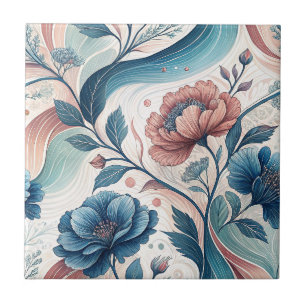 Pink & Blue Floral Swirls Botanical Pattern Art Ceramic Tile