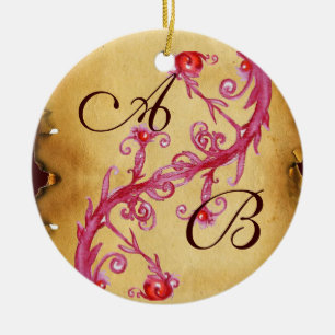PINK BLUE FLORAL SWIRLS WEDDING SOUVENIR MONOGRAM CERAMIC ORNAMENT