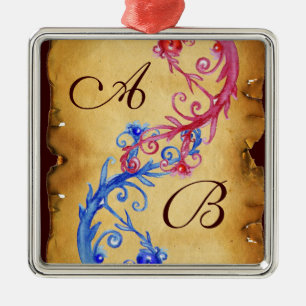 PINK BLUE FLORAL SWIRLS WEDDING SOUVENIR MONOGRAM METAL ORNAMENT