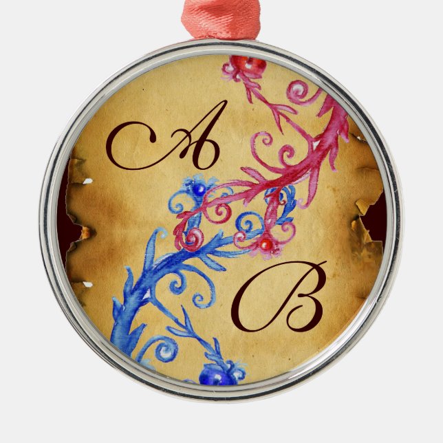 PINK BLUE FLORAL SWIRLS WEDDING SOUVENIR MONOGRAM METAL TREE DECORATION (Front)