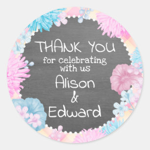 Pink & Blue Floral Thank You Classic Round Sticker