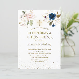 Pink Blue Floral Twins 1st Birthday & Christening Invitation