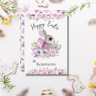Pink & Blue Floral Watercolor Happy Easter Bunny Holiday Card