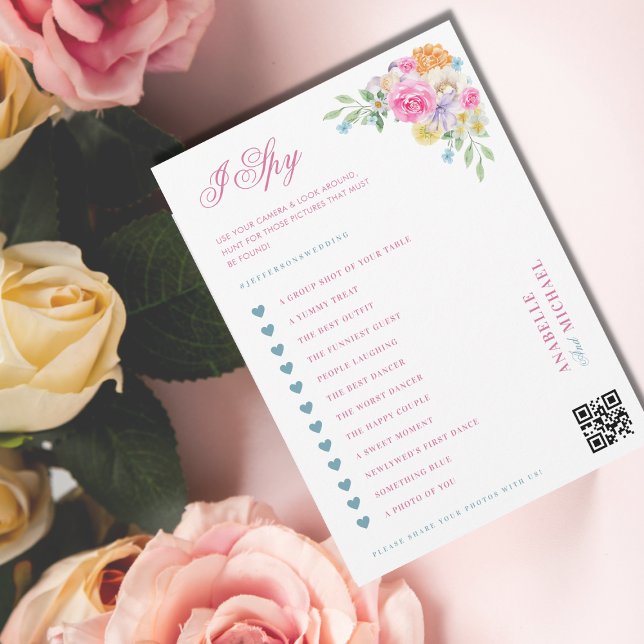 Pink & Blue Floral Wedding I Spy Hunt Game Card (Creator Uploaded)