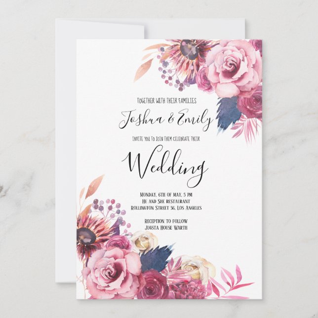 Pink Blue Floral Wedding Invitation (Front)