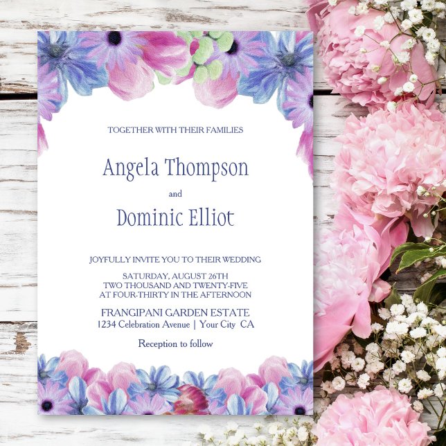 Pink Blue Floral Wedding Invitation (Creator Uploaded)
