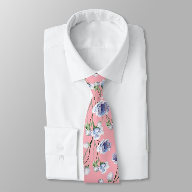 Pink Blue Floral wedding Neck Tie (Tied)