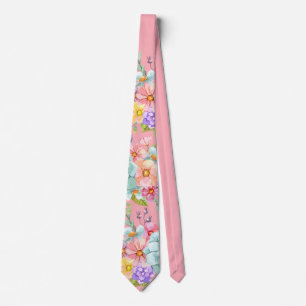 Pink Blue floral wedding Neck Tie