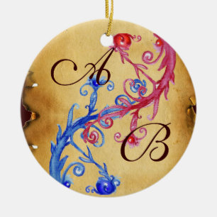 PINK BLUE FLORAL WEDDING SWIRL PARCHMENT MONOGRAM CERAMIC TREE DECORATION