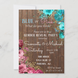 Pink Blue Floral Wood Shabby Chic Gender Reveal Invitation