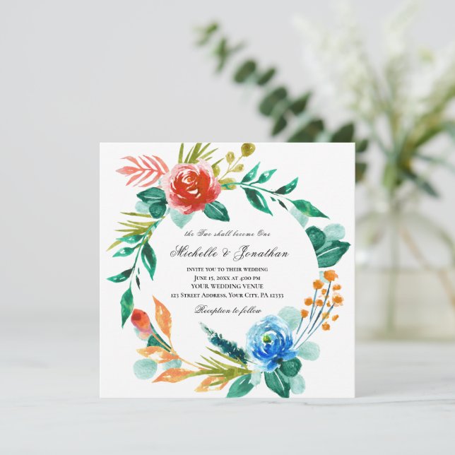 Pink Blue Floral Wreath Christian Bible Wedding Invitation (Standing Front)