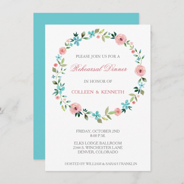 Pink Blue Floral Wreath Wedding Rehearsal Dinner Invitation (Front/Back)