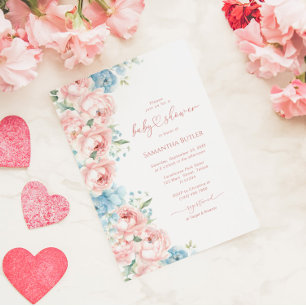 Pink & Blue Flowers Baby Shower Invitation