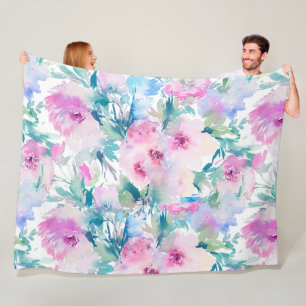 Pink & blue flowers collage pattern fleece blanket
