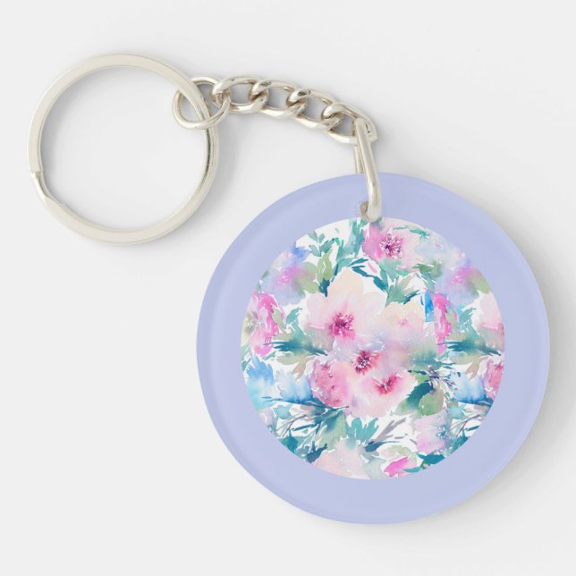 Pink & blue flowers collage pattern keychain (Front)