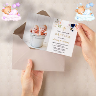 Pink Blue Flowers Cross Twins Photo Baptism Invitation