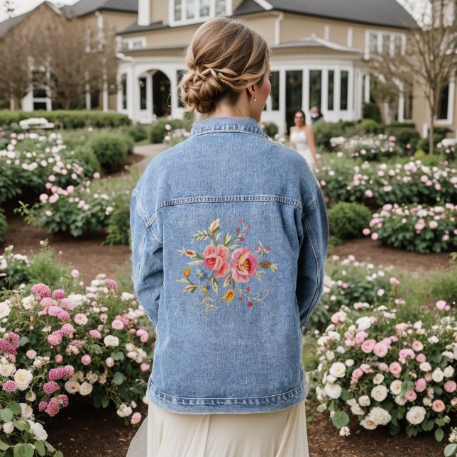 Pink & Blue Flowers Floral Denim Jacket (Wedding Back)