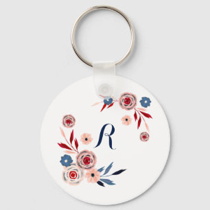 Pink, blue flowers, floral pattern, personalised key ring