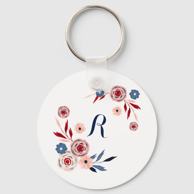 Pink, blue flowers, floral pattern, personalised key ring (Front)
