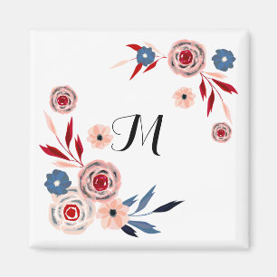 Pink, blue flowers, floral pattern, personalised magnet