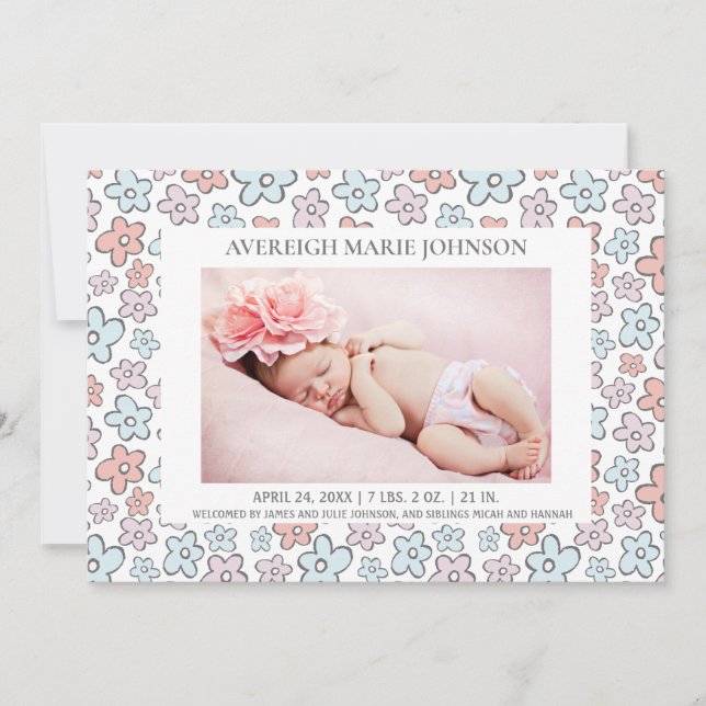 Pink Blue Flowers Girl Photo Birth Announcement (Front)