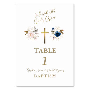 Pink Blue Flowers Gold Cross Twins Baptism  Table Number