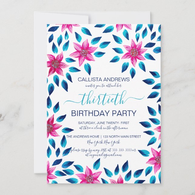 Pink Blue Flowers Leaves Acrylic Paint Birthday Invitation (Front)