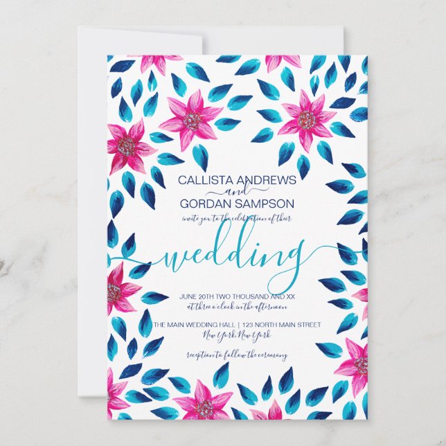 Pink Blue Flowers Leaves Acrylic Paint Wedding Invitation (Front)