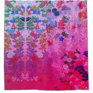 PINK BLUE FLOWERS,LEAVES ANTIQUE JAPANESE FLORAL SHOWER CURTAIN