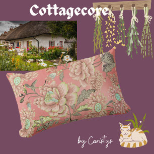 Pink Blue Flowers on Coral Background  Lumbar Cushion