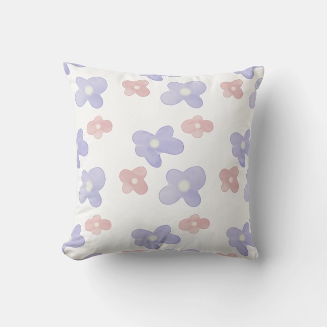 Pink Blue Flowers on White Cushion (Front)