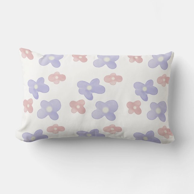 Pink Blue Flowers on White Lumbar Cushion (Front)