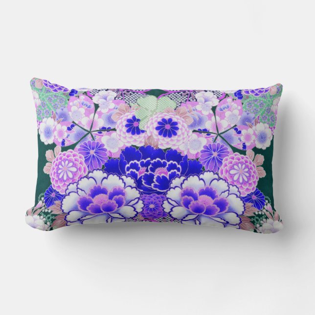 PINK BLUE FLOWERS Peony,Roses Japanese Floral  Lumbar Cushion (Front)