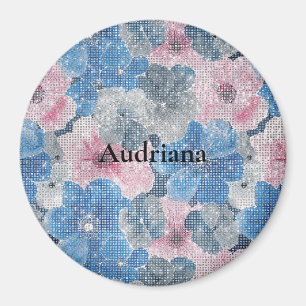 Pink Blue Flowers Sparkle Magnet